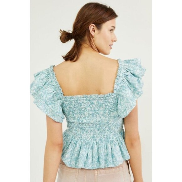 Anthropologie Love The Label Cottage Core Smocked Flutter Sleeve Ruffle Peplum T - Picture 2 of 6
